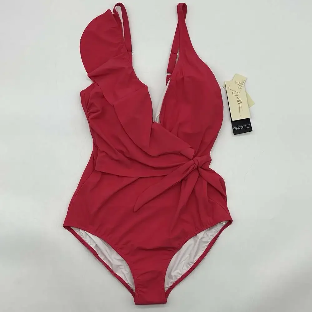 Profile by Gottex Tutti Frutti Size 14 Red Rose V-Neck Ruffle One Piece Swimsuit